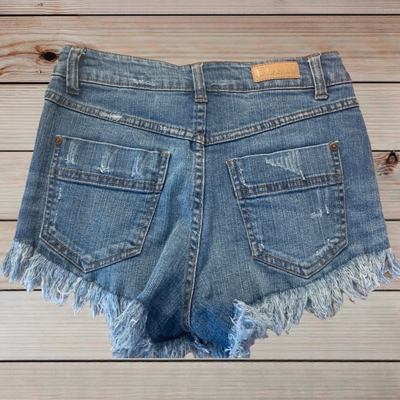 Elan Distressed High Rise Blue Jean Frayed Hem Shorts - Picture 3 of 12